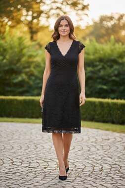 Marina Black Sequin Beaded Stretch Lace V Neck Short Sleeve Dress Size 4 Petite